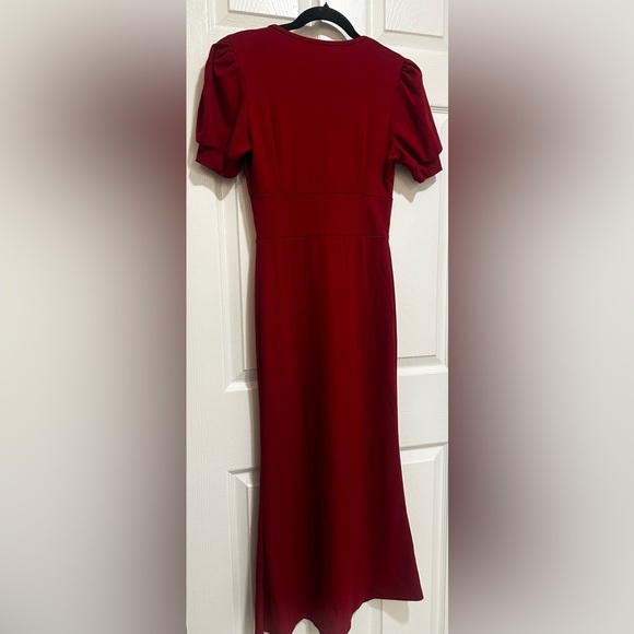 Long Red Dress With Sewn On Pearls and Puffed Sleeves - Picture 9 of 13